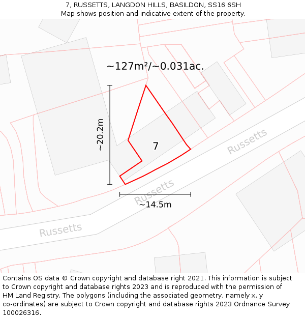 7, RUSSETTS, LANGDON HILLS, BASILDON, SS16 6SH: Plot and title map