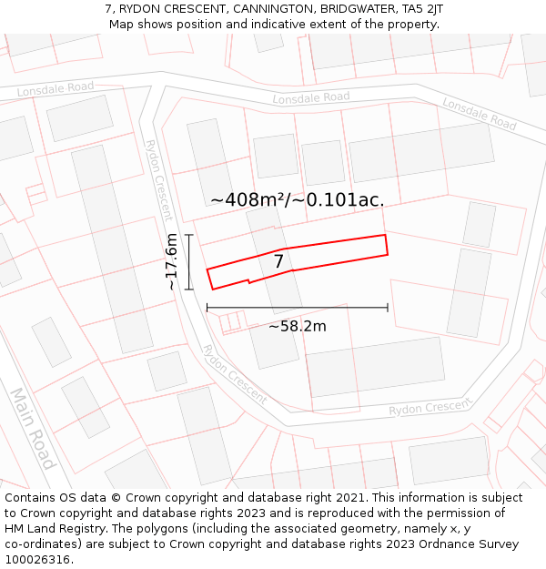 7, RYDON CRESCENT, CANNINGTON, BRIDGWATER, TA5 2JT: Plot and title map