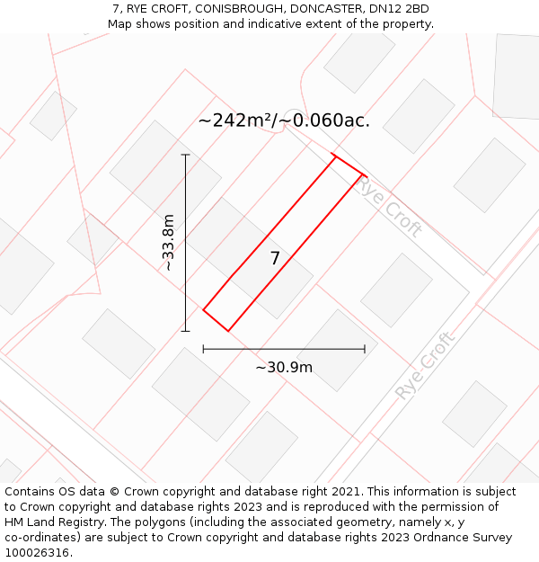 7, RYE CROFT, CONISBROUGH, DONCASTER, DN12 2BD: Plot and title map