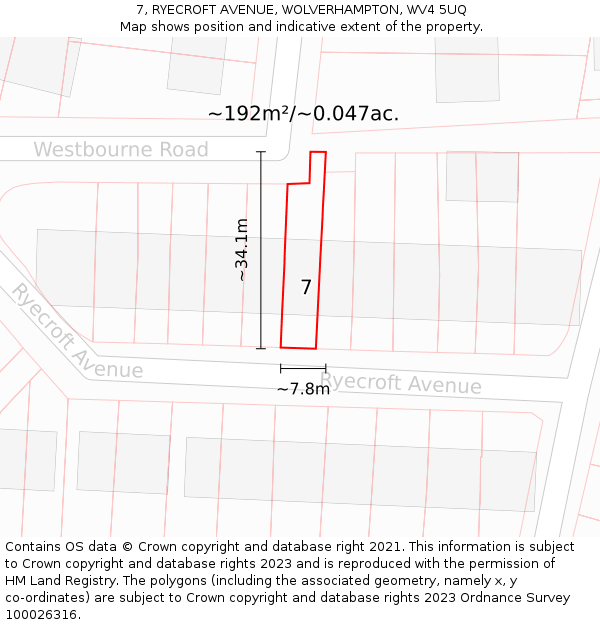 7, RYECROFT AVENUE, WOLVERHAMPTON, WV4 5UQ: Plot and title map