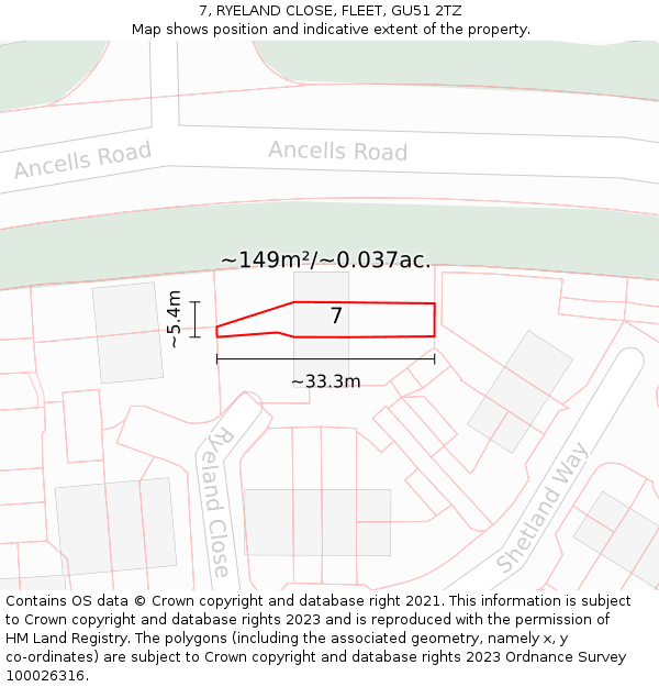 7, RYELAND CLOSE, FLEET, GU51 2TZ: Plot and title map
