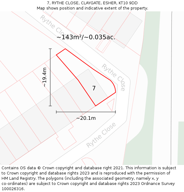 7, RYTHE CLOSE, CLAYGATE, ESHER, KT10 9DD: Plot and title map