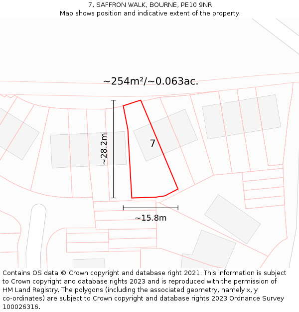 7, SAFFRON WALK, BOURNE, PE10 9NR: Plot and title map