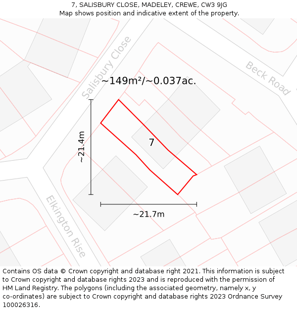 7, SALISBURY CLOSE, MADELEY, CREWE, CW3 9JG: Plot and title map
