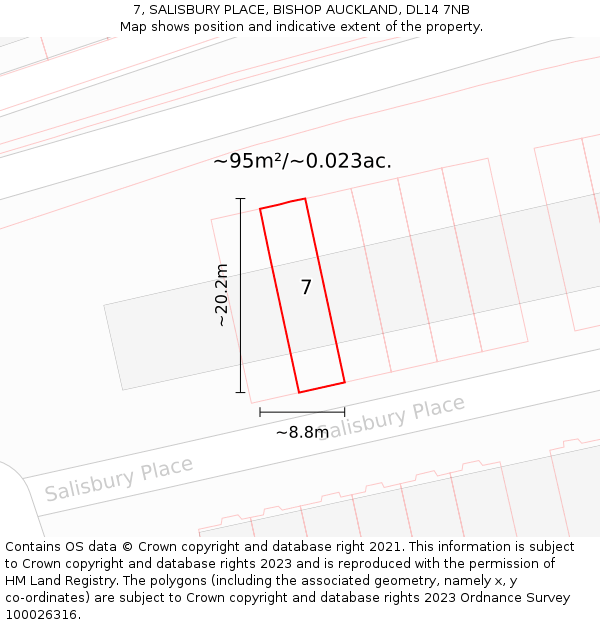 7, SALISBURY PLACE, BISHOP AUCKLAND, DL14 7NB: Plot and title map