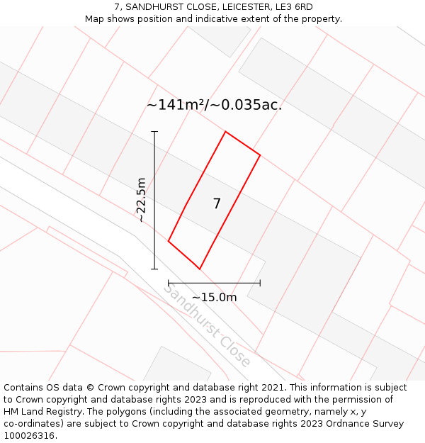 7, SANDHURST CLOSE, LEICESTER, LE3 6RD: Plot and title map