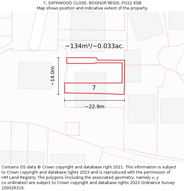 7, SATINWOOD CLOSE, BOGNOR REGIS, PO22 6SB: Plot and title map