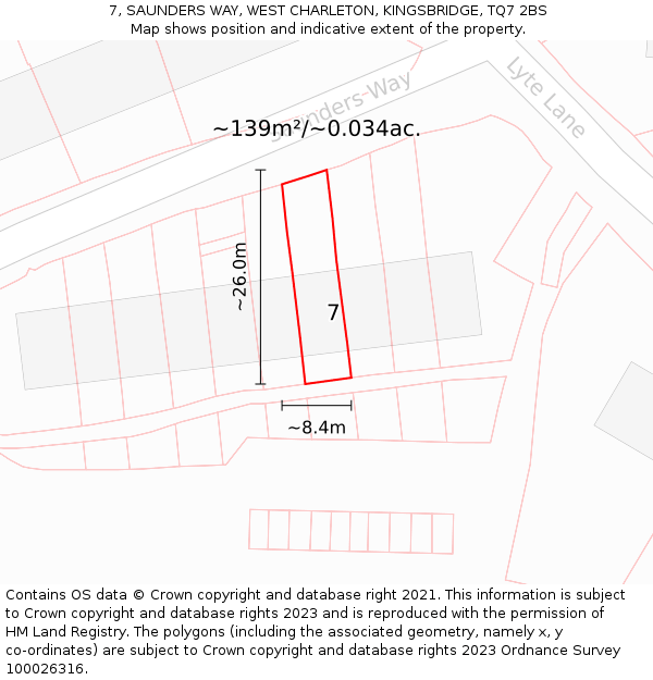 7, SAUNDERS WAY, WEST CHARLETON, KINGSBRIDGE, TQ7 2BS: Plot and title map