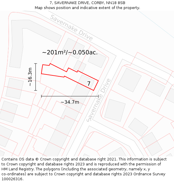 7, SAVERNAKE DRIVE, CORBY, NN18 8SB: Plot and title map