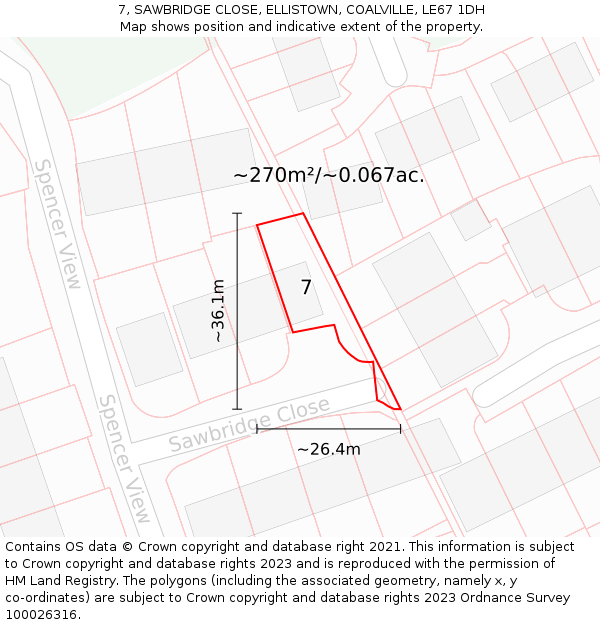 7, SAWBRIDGE CLOSE, ELLISTOWN, COALVILLE, LE67 1DH: Plot and title map