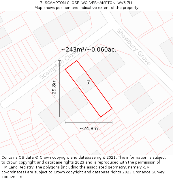 7, SCAMPTON CLOSE, WOLVERHAMPTON, WV6 7LL: Plot and title map