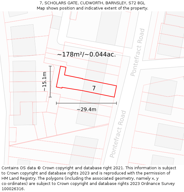 7, SCHOLARS GATE, CUDWORTH, BARNSLEY, S72 8GL: Plot and title map