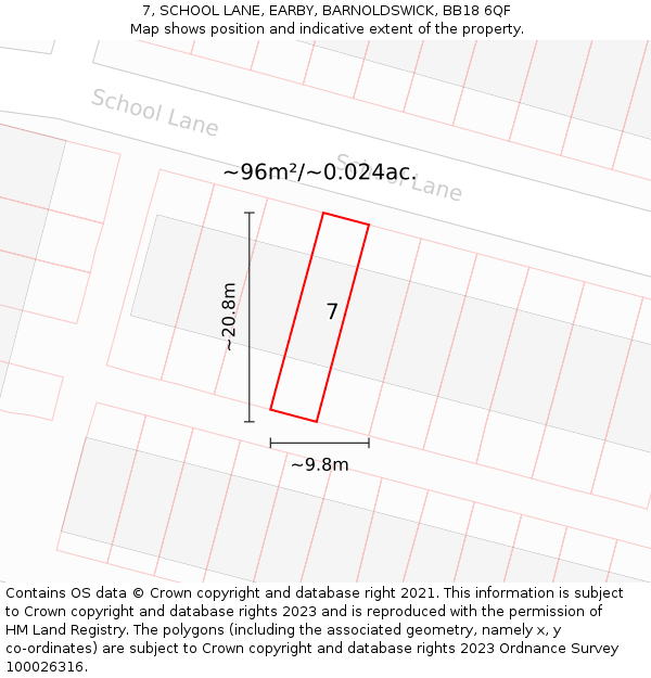 7, SCHOOL LANE, EARBY, BARNOLDSWICK, BB18 6QF: Plot and title map