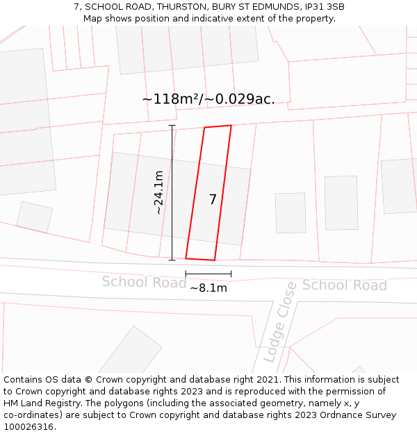 7, SCHOOL ROAD, THURSTON, BURY ST EDMUNDS, IP31 3SB: Plot and title map