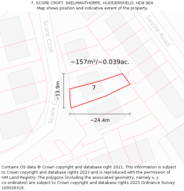 7, SCORE CROFT, SKELMANTHORPE, HUDDERSFIELD, HD8 9EA: Plot and title map