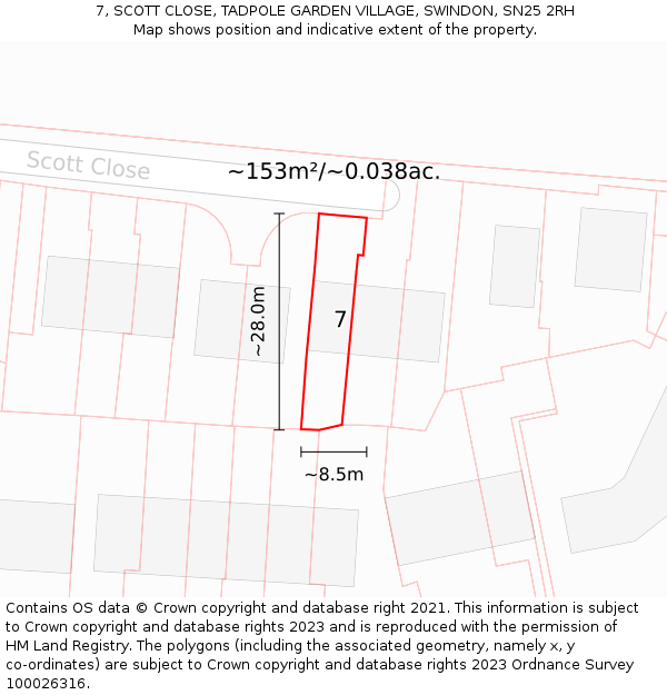 7, SCOTT CLOSE, TADPOLE GARDEN VILLAGE, SWINDON, SN25 2RH: Plot and title map