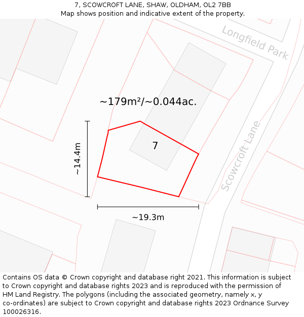 7, SCOWCROFT LANE, SHAW, OLDHAM, OL2 7BB: Plot and title map