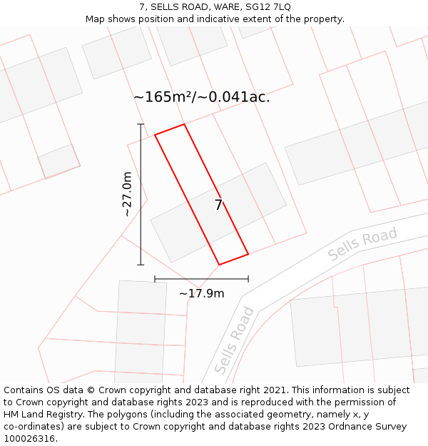7, SELLS ROAD, WARE, SG12 7LQ: Plot and title map
