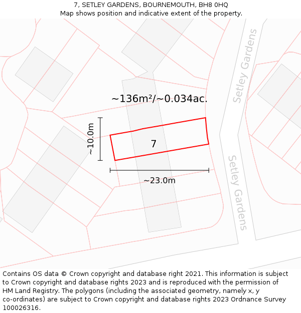 7, SETLEY GARDENS, BOURNEMOUTH, BH8 0HQ: Plot and title map