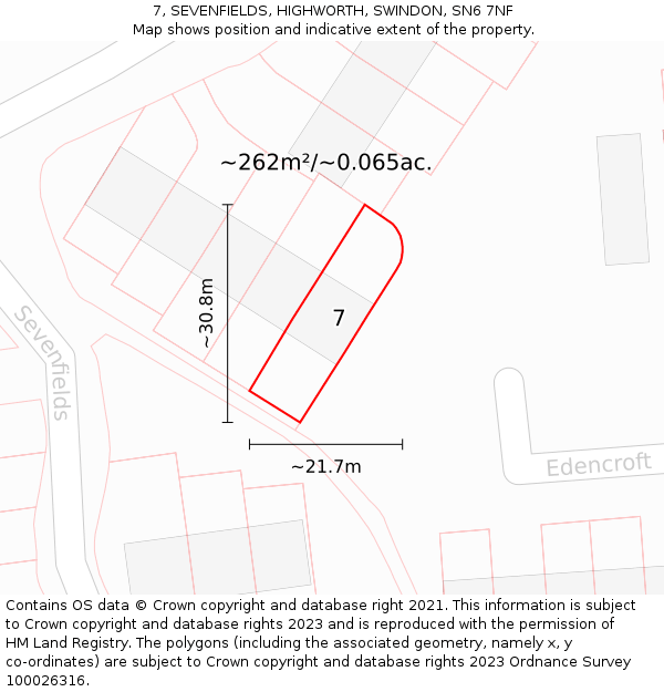 7, SEVENFIELDS, HIGHWORTH, SWINDON, SN6 7NF: Plot and title map