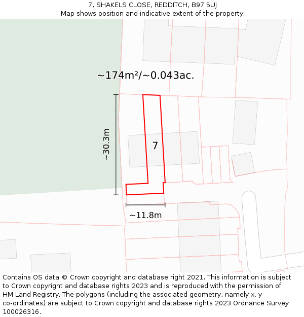 7, SHAKELS CLOSE, REDDITCH, B97 5UJ: Plot and title map