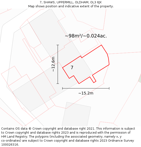 7, SHAWS, UPPERMILL, OLDHAM, OL3 6JX: Plot and title map