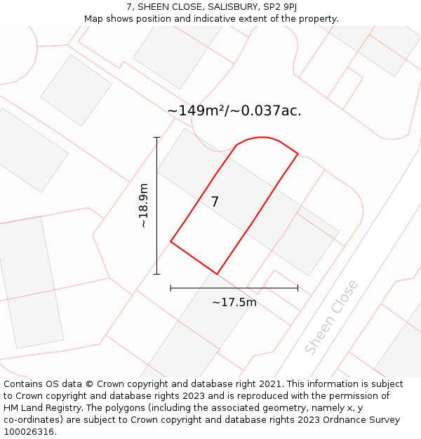 7, SHEEN CLOSE, SALISBURY, SP2 9PJ: Plot and title map