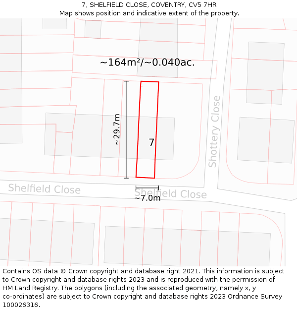 7, SHELFIELD CLOSE, COVENTRY, CV5 7HR: Plot and title map