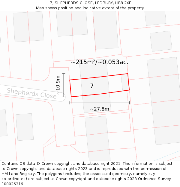 7, SHEPHERDS CLOSE, LEDBURY, HR8 2XF: Plot and title map