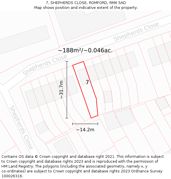 7, SHEPHERDS CLOSE, ROMFORD, RM6 5AD: Plot and title map