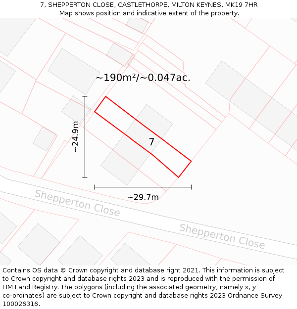 7, SHEPPERTON CLOSE, CASTLETHORPE, MILTON KEYNES, MK19 7HR: Plot and title map