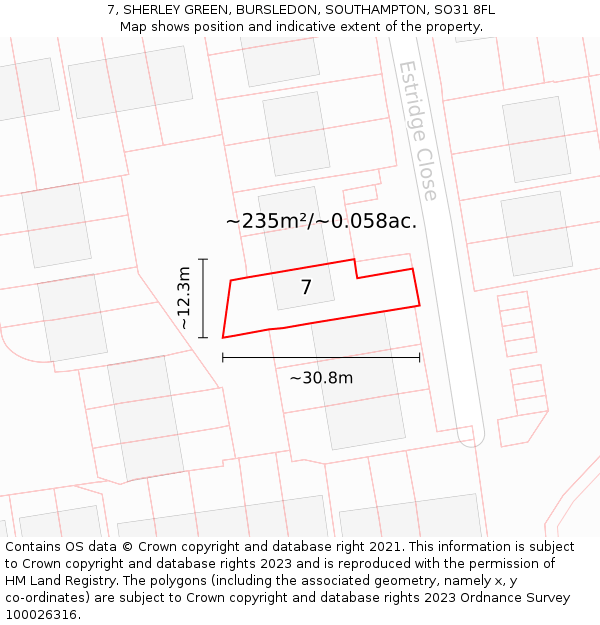 7, SHERLEY GREEN, BURSLEDON, SOUTHAMPTON, SO31 8FL: Plot and title map