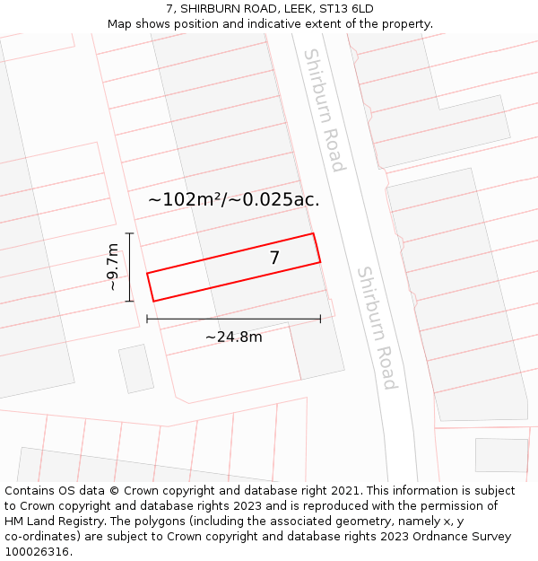 7, SHIRBURN ROAD, LEEK, ST13 6LD: Plot and title map