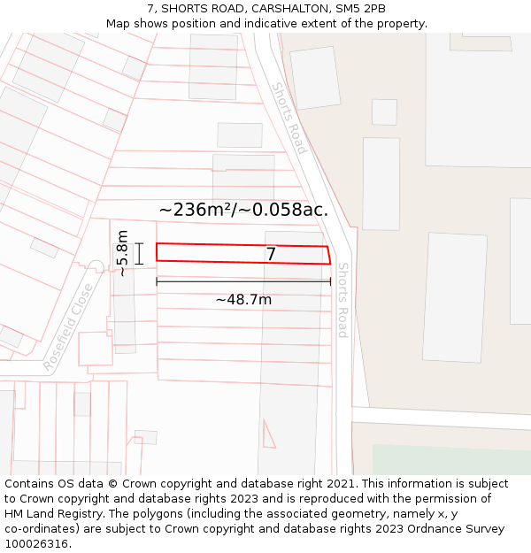 7, SHORTS ROAD, CARSHALTON, SM5 2PB: Plot and title map