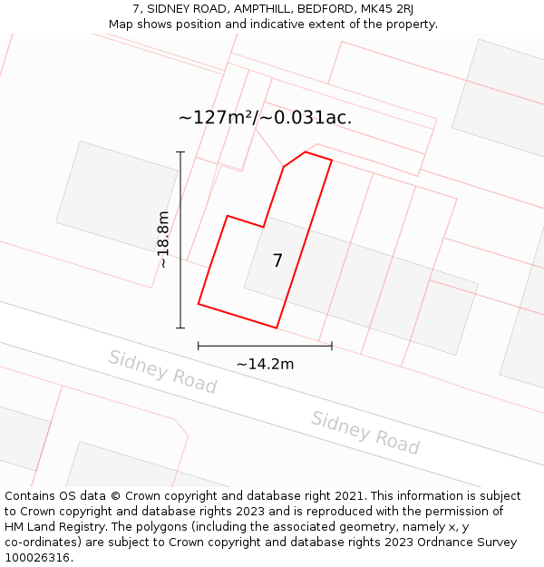 7, SIDNEY ROAD, AMPTHILL, BEDFORD, MK45 2RJ: Plot and title map