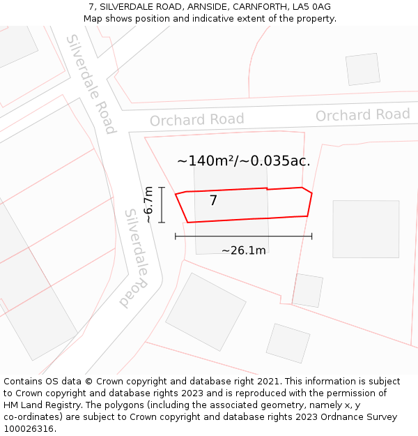 7, SILVERDALE ROAD, ARNSIDE, CARNFORTH, LA5 0AG: Plot and title map