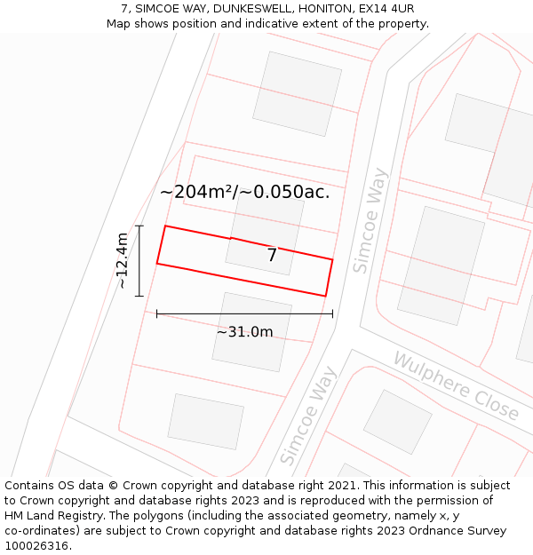 7, SIMCOE WAY, DUNKESWELL, HONITON, EX14 4UR: Plot and title map