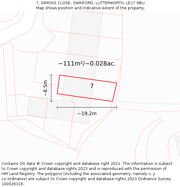 7, SIMONS CLOSE, SWINFORD, LUTTERWORTH, LE17 6BU: Plot and title map