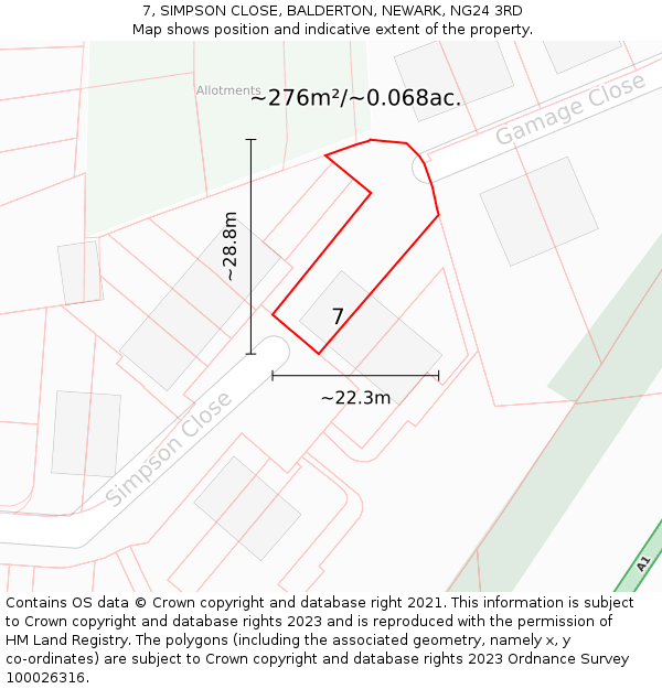7, SIMPSON CLOSE, BALDERTON, NEWARK, NG24 3RD: Plot and title map