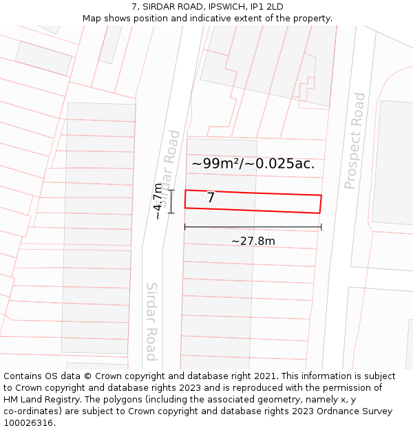 7, SIRDAR ROAD, IPSWICH, IP1 2LD: Plot and title map