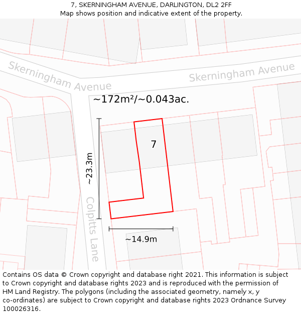 7, SKERNINGHAM AVENUE, DARLINGTON, DL2 2FF: Plot and title map
