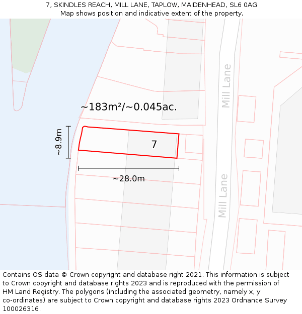 7, SKINDLES REACH, MILL LANE, TAPLOW, MAIDENHEAD, SL6 0AG: Plot and title map