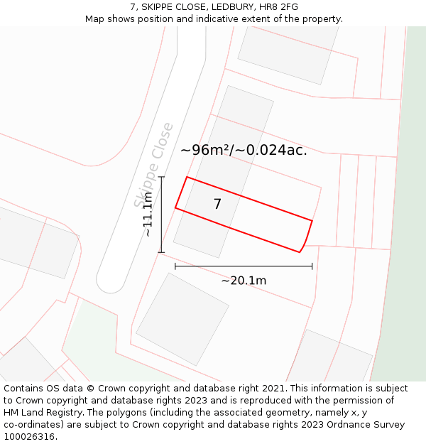 7, SKIPPE CLOSE, LEDBURY, HR8 2FG: Plot and title map
