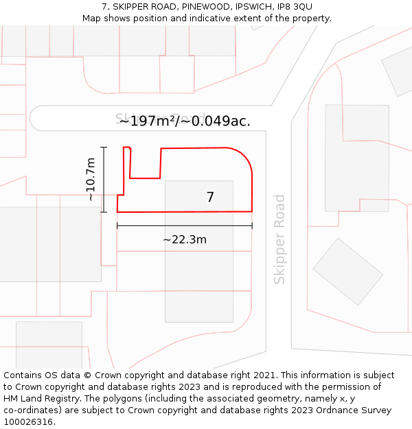 7, SKIPPER ROAD, PINEWOOD, IPSWICH, IP8 3QU: Plot and title map