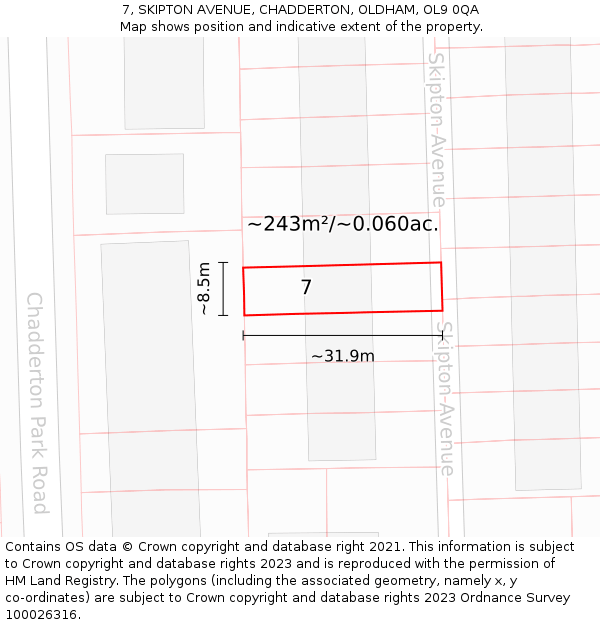 7, SKIPTON AVENUE, CHADDERTON, OLDHAM, OL9 0QA: Plot and title map