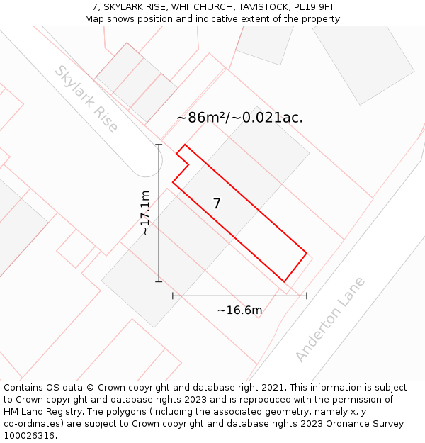 7, SKYLARK RISE, WHITCHURCH, TAVISTOCK, PL19 9FT: Plot and title map