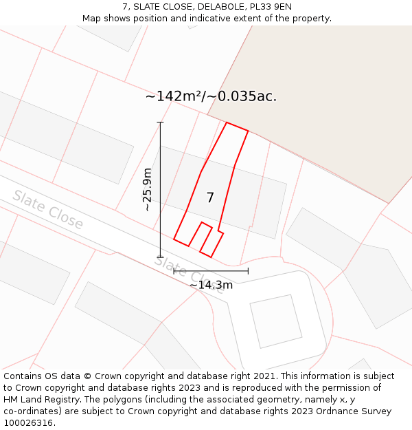 7, SLATE CLOSE, DELABOLE, PL33 9EN: Plot and title map