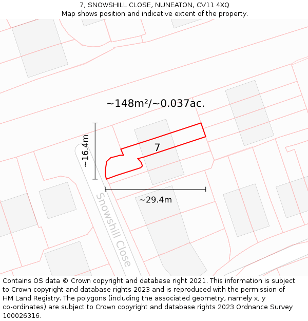 7, SNOWSHILL CLOSE, NUNEATON, CV11 4XQ: Plot and title map