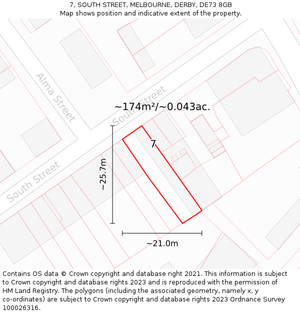 7, SOUTH STREET, MELBOURNE, DERBY, DE73 8GB: Plot and title map