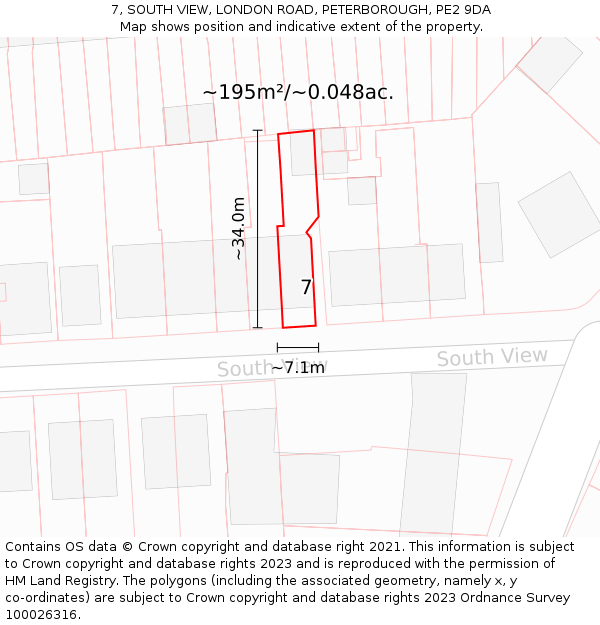 7, SOUTH VIEW, LONDON ROAD, PETERBOROUGH, PE2 9DA: Plot and title map